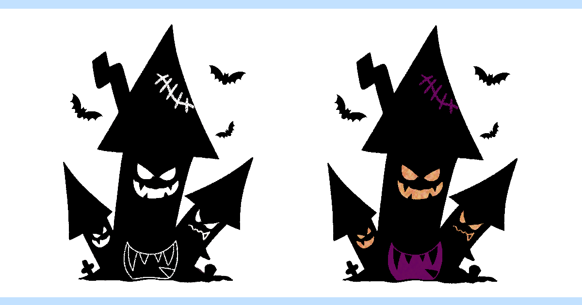 ハロウィン等に使用できるお家のイラスト素材 Halloween House Illustration 怖い顔 黒ベース ２色展開